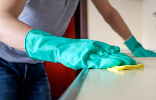 Carpet cleaner inspecting a living room floor before treatment