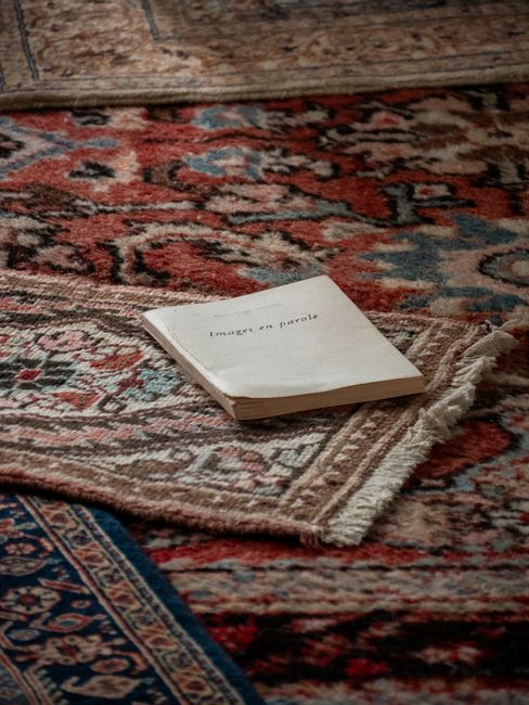 Close-up of a cordless vacuum cleaner with a black body and a grey power button, being used to clean a traditional patterned rug in a well-lit room. The rug features floral motifs in pastel shades of